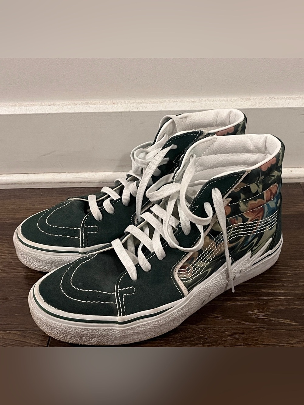 Vans High-Top Floral Accent Sneakers in Dark Green and White